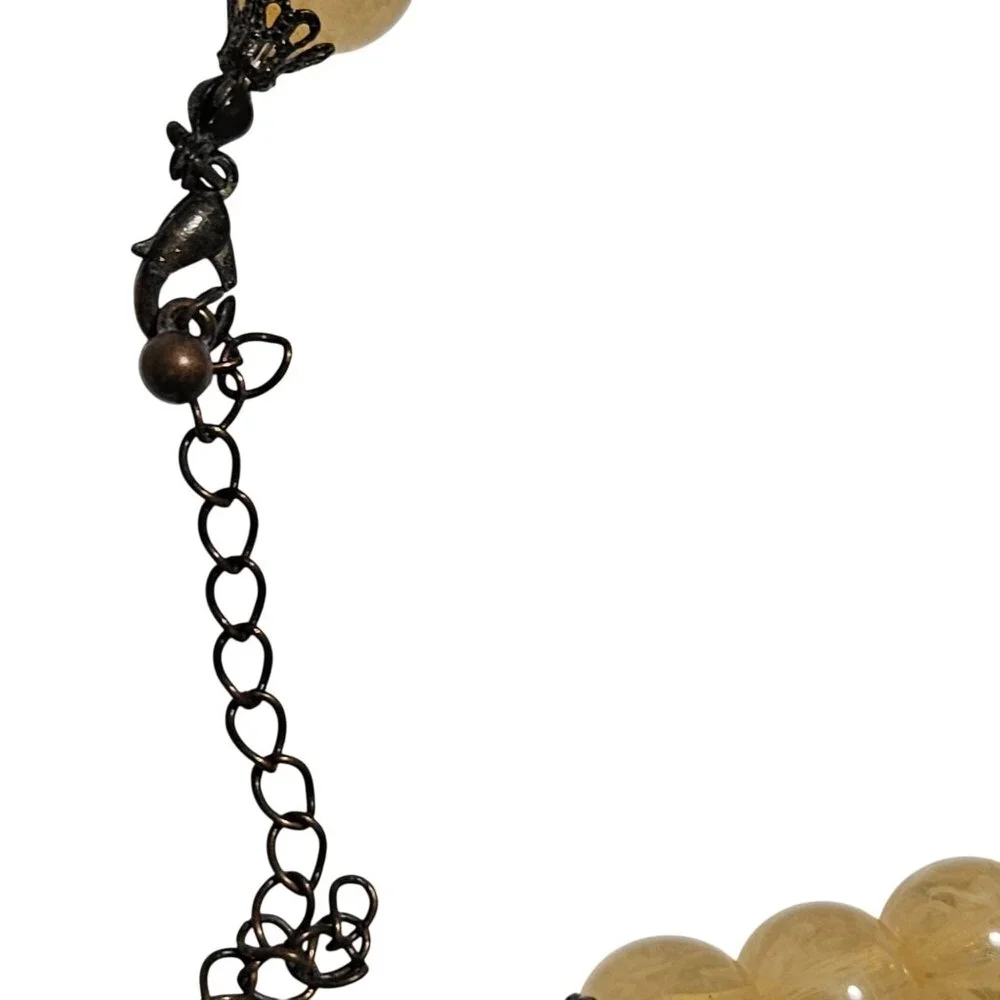 Vintage Yellow Beaded Charm Necklace Green Rhinestone Floral Pendant Jewelry
